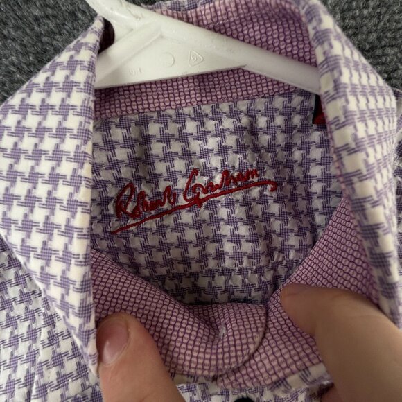 Robert Graham Button Up Shirt Men Designer Short Sleeve Purple Check Medium - Picture 8 of 13